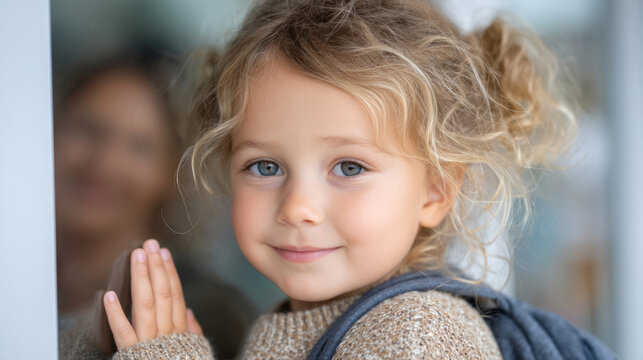 Smiling caucasian young female child with curly hair wearing sweater and backpack