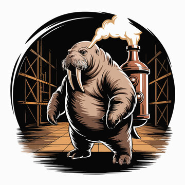 Walrus standing on two legs smoking.