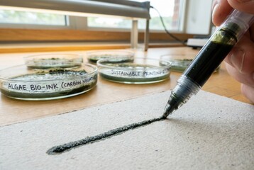 Naklejka premium Sustainable algae based ink pen writing on paper in laboratory setting