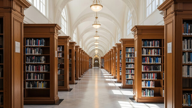 Photorealistic View of a Grand Academic Library Interior with Endless Rows of Bookshelves and Arched Ceiling