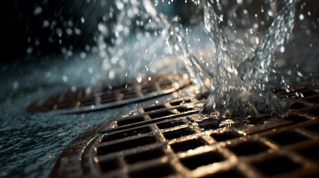 overflowing sewer lids with rising floodwater, infrastructure overload, gritty urban disaster realism