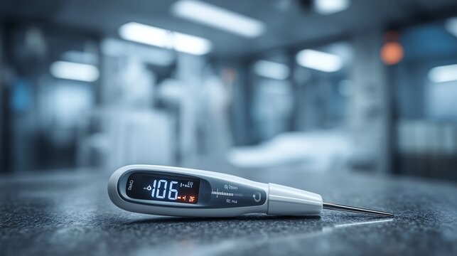 Digital thermometer on hospital style surface with sterile environment, clinical healthcare and medical monitoring concept