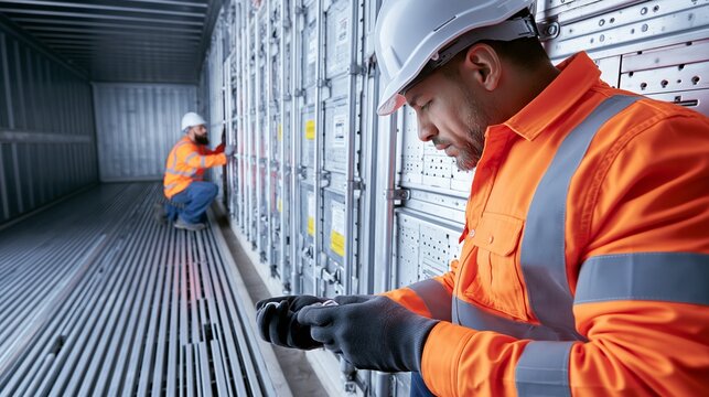 Technician mounts temperature sensors inside refrigerated trailer ensuring accurate cargo temperature monitoring during transit with advanced telematics integration.