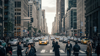 Obraz premium Urban City Life: Photo-realistic view of a bustling street with pedestrians, cars, and skyscrapers