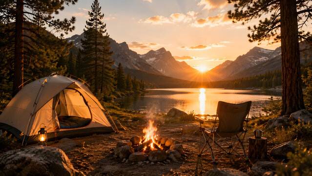 Camping tent by lake at sunset with campfire and mountains