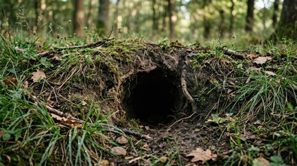Fototapeta premium Dark Burrow Entrance in Forest - A Mysterious Woodland Opening.