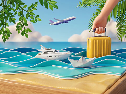 Hand holding luggage over tropical ocean with floating airplane illustration