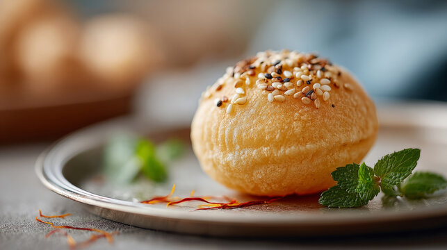 Cinematic close-up of indian street food delicacy pani puri on rustic plate