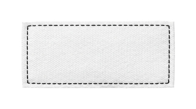 A white fabric label with black stitching on transparent background
