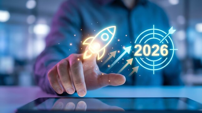 Driving future growth A hand engaging with a digital interface, launching innovation and setting strategic business targets for achievement by 2026
