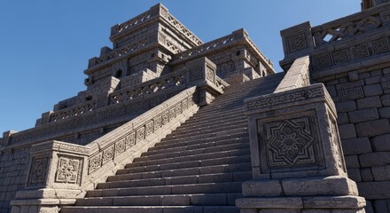 Obraz premium An ancient stone staircase rises with sharp geometric patterns and weathered textures, showcasing masterfully carved monolithic architecture, landmark, shadow, civilization