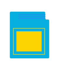 Retro video game cartridge in flat blue and yellow style. Vintage gadget for gamer and console, this sticker card shows classic device for videogame play. Perfect old game enthusiasts. © Moonnoon