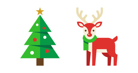 Christmas icons set tree and reindeer outline, solid and color styles © pixpond