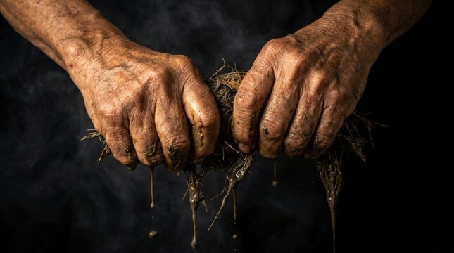 stone honai mountain Papua Elderly Hands Squeezing Raw Sago Starch