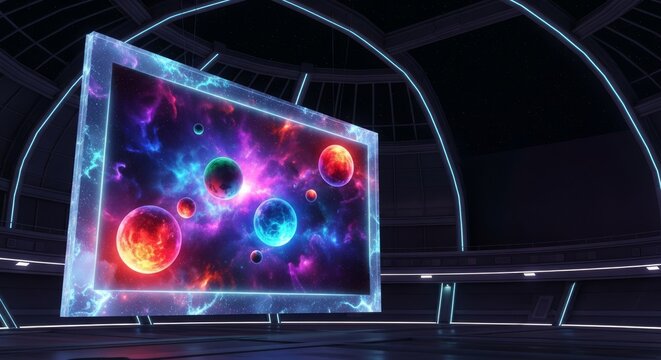 An expansive translucent digital frame hangs inside a cosmic observatory where vibrant glowing orbs hover in a dark neon atmosphere, innovation, glass, technology