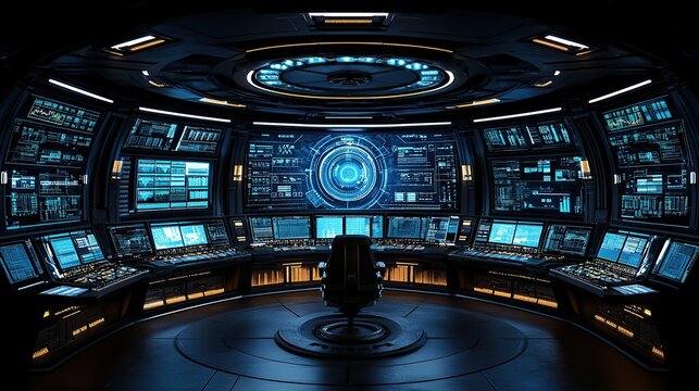 Futuristic Ship Bridge With Circular Console and Neon Blue Displays Illuminating an Immersive Command Center
