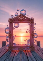 Obraz premium An ornate blush pink frame stands on a fantasy harbor pier at sunset, surrounded by iridescent pearl bubbles under a glowing rose sky, vintage, ornate, landscape