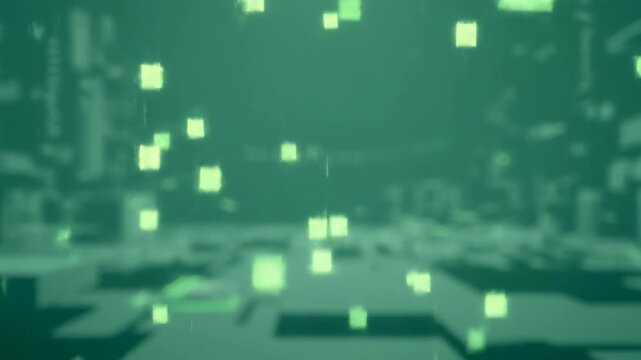 Abstract Green Digital Cubes Floating in Futuristic Environment.