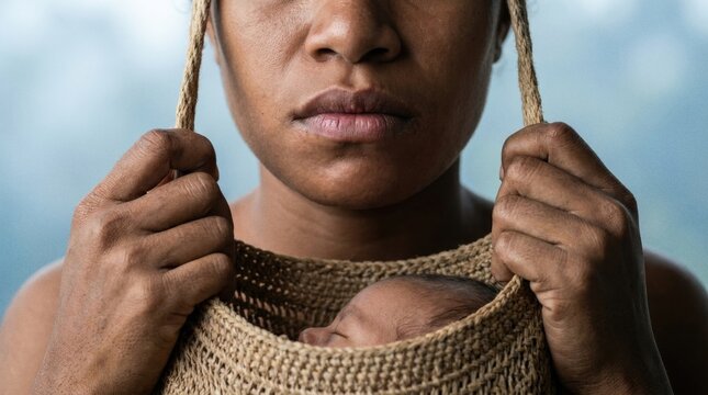 stone honai mountain Papua Mother Carrying Infant in Woven Noken