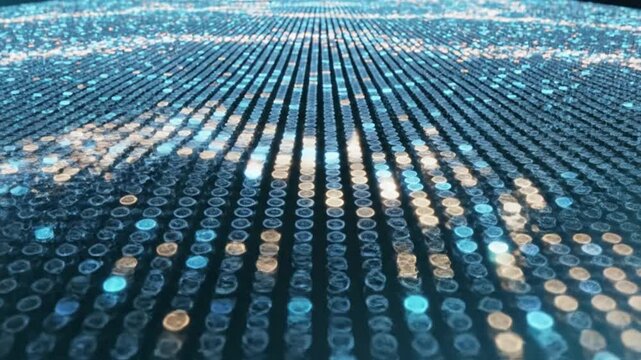 Blue and orange abstract digital data grid pattern.