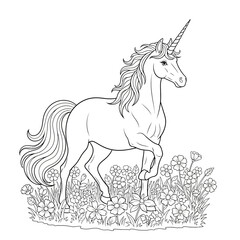 Unicorn standing in wildflower meadow with single horn glowing © Zohaib