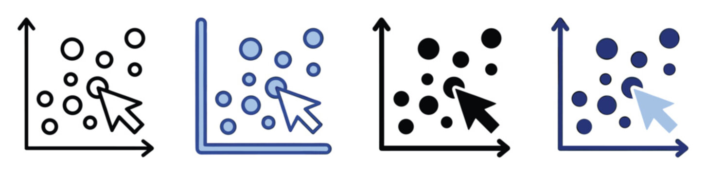 Set of scatter plot icons, data points selection with mouse cursor, analytics chart symbol. UI, UX,