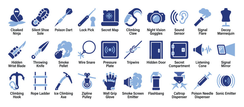 Set of spy gear icons. Stealth tools, ninja equipment, secret agent gadgets, adventure items vector