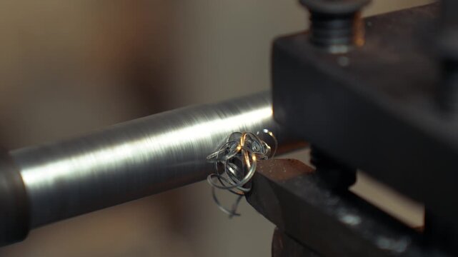 View of a metal lathe machine cutting a rotating steel rod with metal shavings in a workshop in Kushtia, Khulna Division, Bangladesh.