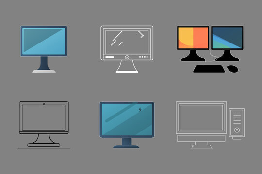 Computer monitor and desktop icon set on gray background. Flat icons for web