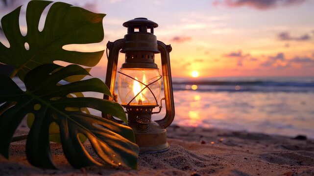 Vintage lit kerosene lantern and large monstera leaf on the sandy tropical beach at sunset with ocean background, concept for travel blogging, evening relaxation and maritime atmosphere