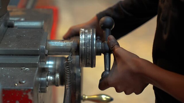 View of a worker operating a lathe machine with metal shavings in an industrial workshop in Kushtia, Khulna Division, Bangladesh.