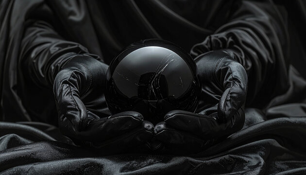 Mystic hands holding crystal ball on dark fabric