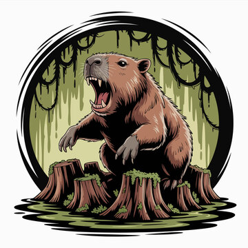 Large angry beaver standing on stumps.