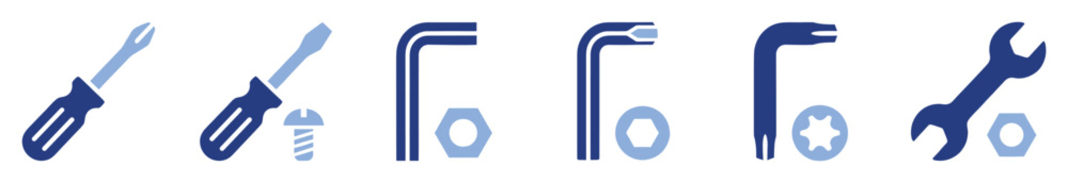 Set of construction and repair tool icons. Screwdriver, hex key, Torx, wrench symbols with