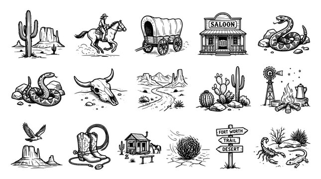 Set of wild west icons, western desert elements, cowboy and nature symbols
