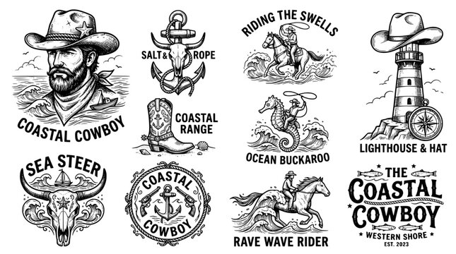 Coastal cowboy vector emblem set with western and nautical elements