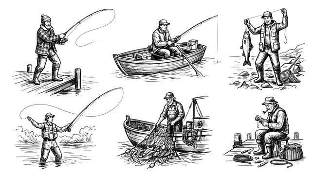 Set of illustrations of fishermen in various situations
