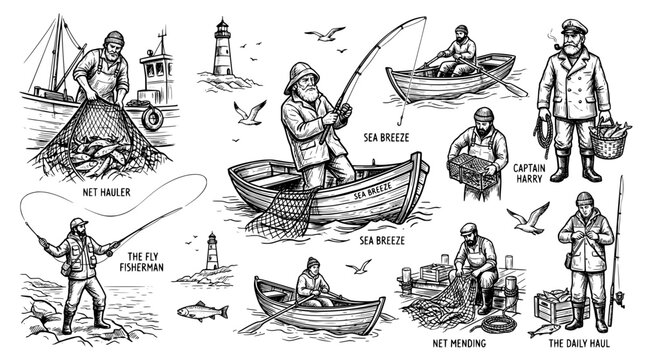 Set of fishermen, boats, lighthouse and fishing equipment sketches