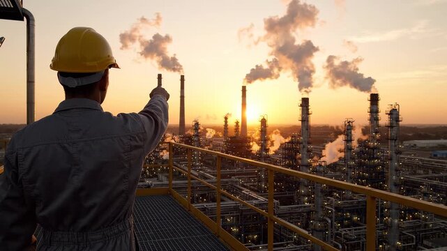 Professional refinery engineer in yellow hard hat pointing at a large industrial oil and gas plant at sunset, concept for energy production, industrial development and environmental management