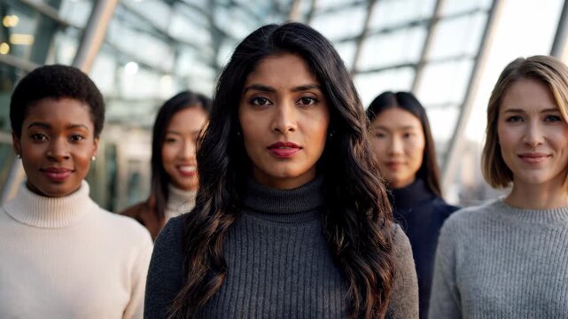 Diverse group of confident female executives and managers standing in front of a modern glass office, concept for leadership empowerment, workplace diversity and professional women community