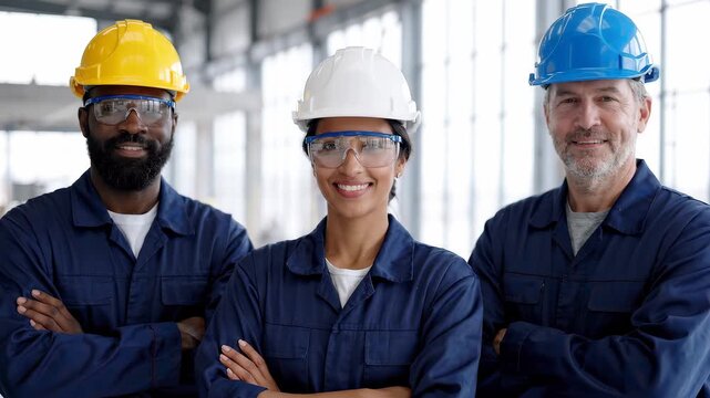 Portrait of diverse industrial engineers and factory supervisors in hard hats and overalls standing with arms crossed in warehouse, concept for industrial recruitment, construction and teamwork