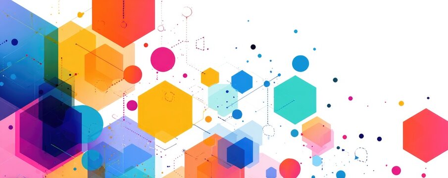 Abstract graphic design with overlapping hexagons in vibrant colors connected by thin lines and small circles