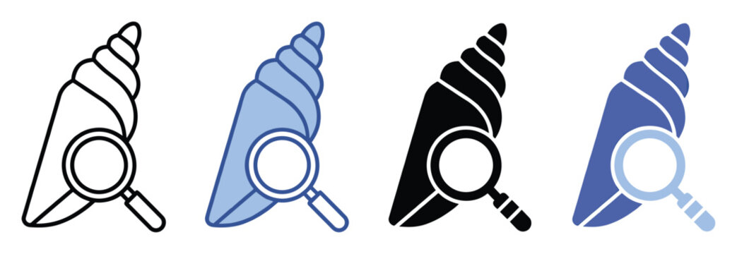 Set of conch shell search icons. Marine life investigation, ocean discovery, beach exploration,