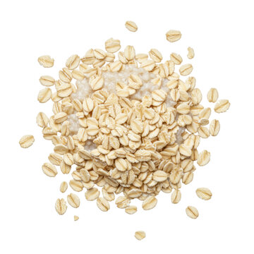 Creamy off-white rolled oats pile with scattered splashes, clumpy texture, on seamless transparent background, overhead flat lay, macro detail. Concept of healthy breakfast