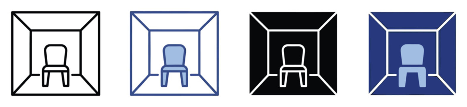 Set of chair in box icons. Virtual meeting space, isolation, quiet room, focus area, private booth,