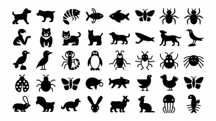 Obraz premium Vector silhouettes of various animals including cats, dogs, horses, lions, elephants, birds, deer, giraffes, and other wild and farm animals in a black cartoon icon set