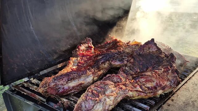 Grilled Beef Cuts Cooking on Barbecue Grill in Paraguay 4K