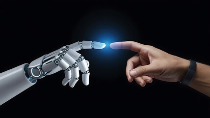 Naklejka premium Symbolic Connection Human and Robot Hands Nearly Touching with a Glowing Light, Representing AI and Future Interaction