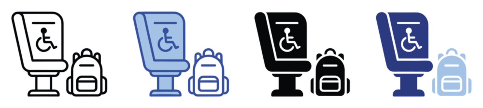 Set of priority seating and backpack icons. Public transport accessibility, special needs travel,