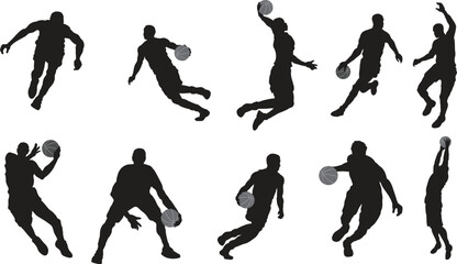 Basketball Players in Action: A dynamic collage showcasing the diverse poses and energetic movements of basketball players, captured in silhouette against a bright backdrop. © Salman